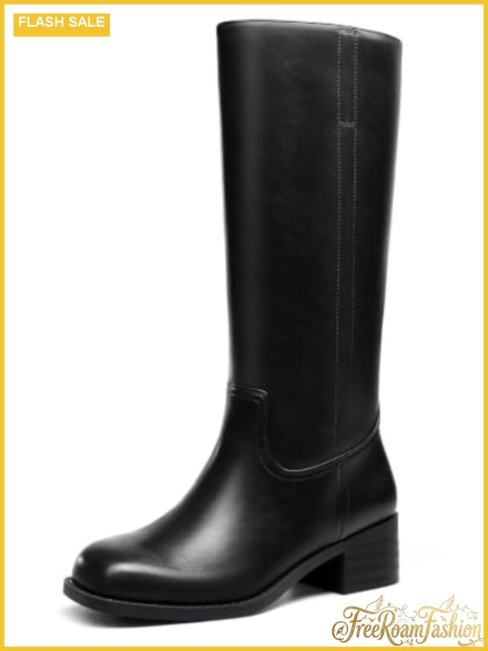 Women's Knee High Boots Square Toe Chunky Block Heel Tall Faux Leather Pull On